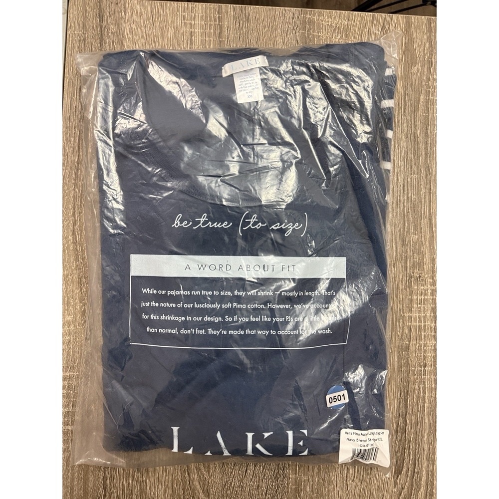LAKE Men's Pima Pocket Long Pajama Set Navy Breton Stripe XXL NWT - Picture 2 of 5